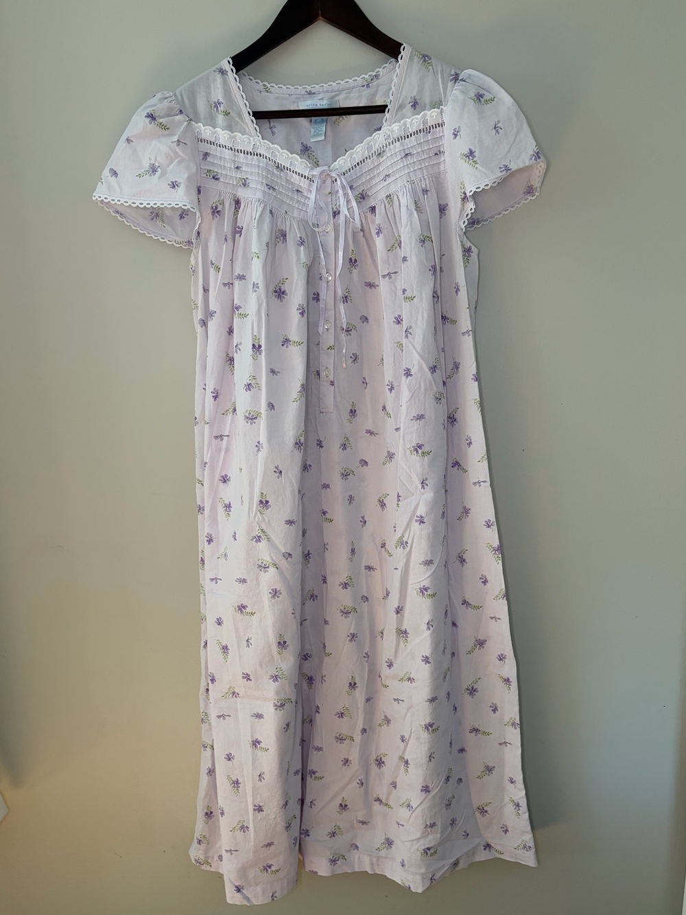 Vintage Lavender Floral Dress Lace Trim Cottagecore Maxi Cotton